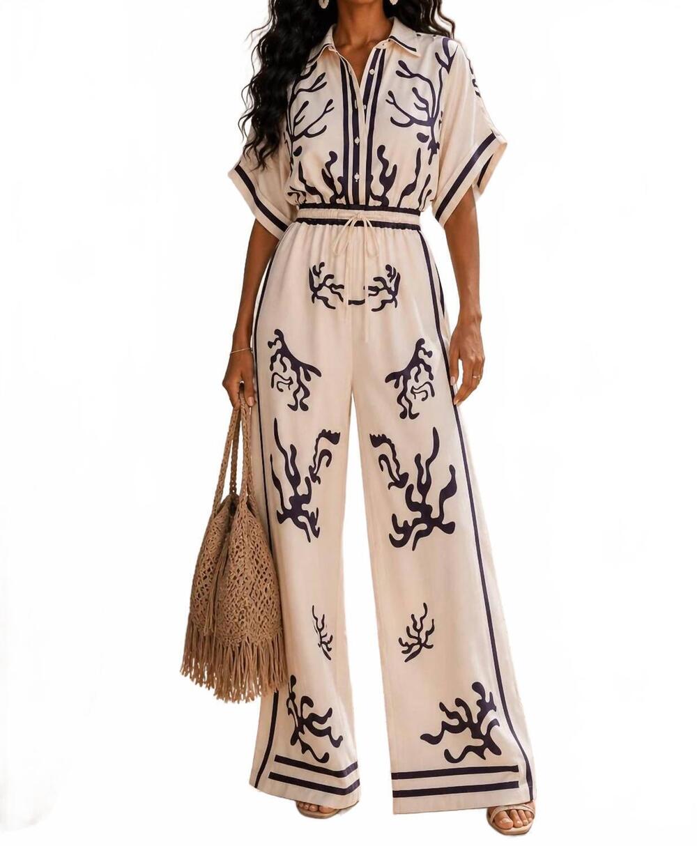 NEW LITTLE SECRET OF MINE coral reef wide leg jumpsuit in ocean treasure